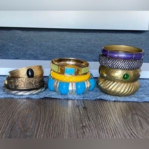 Lot Of 10 Vintage Glass Inlaid Brass Lucite Bangle Bracelets